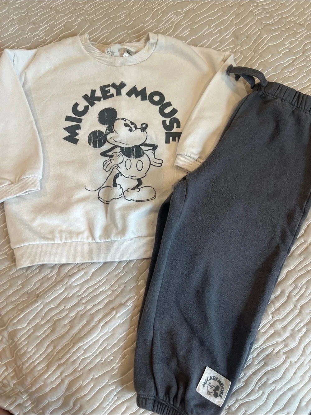 H&M Cream Mickey Mouse Sweatshirt with Charcoal Joggers - Kids Set